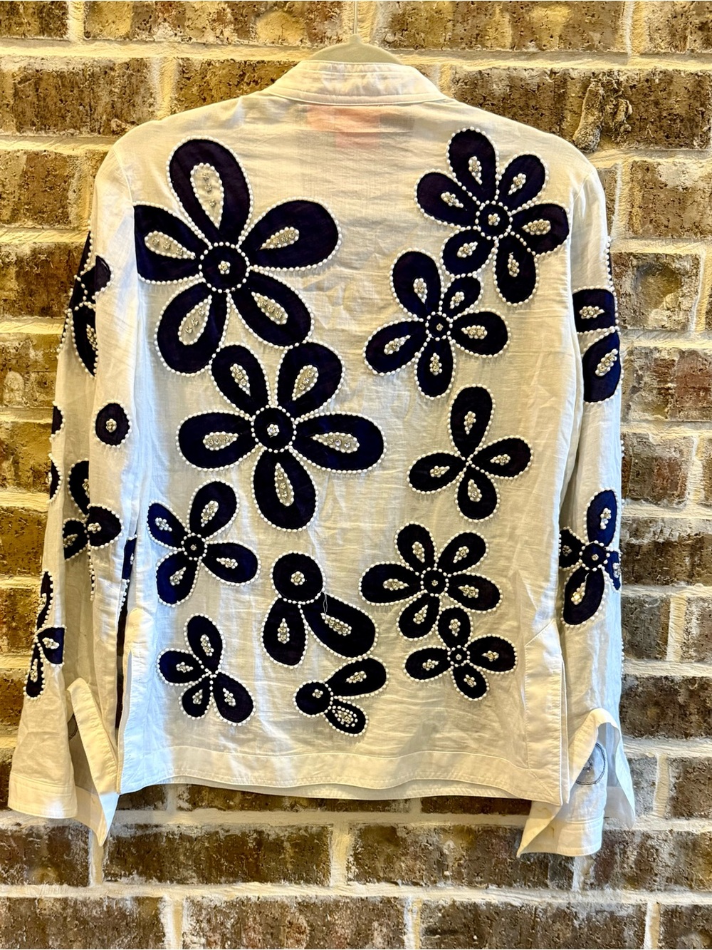 Tory Burch White Cotton Navy Floral Appliqué Embellished Tunic Blouse Size 4 - Picture 2 of 4